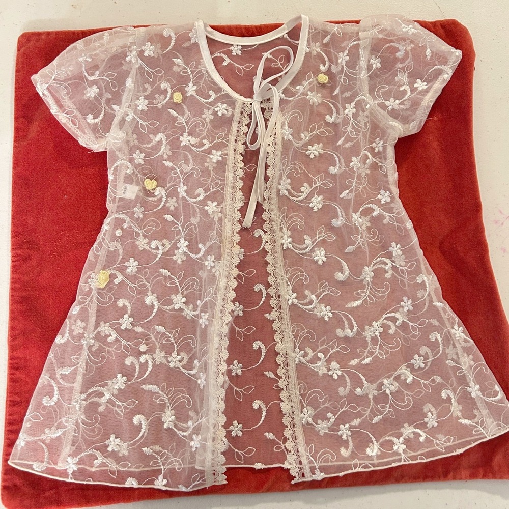 Baby Girl White Sheer Floral Lace Mesh Cardigan Ribbon Tie Vintage Style